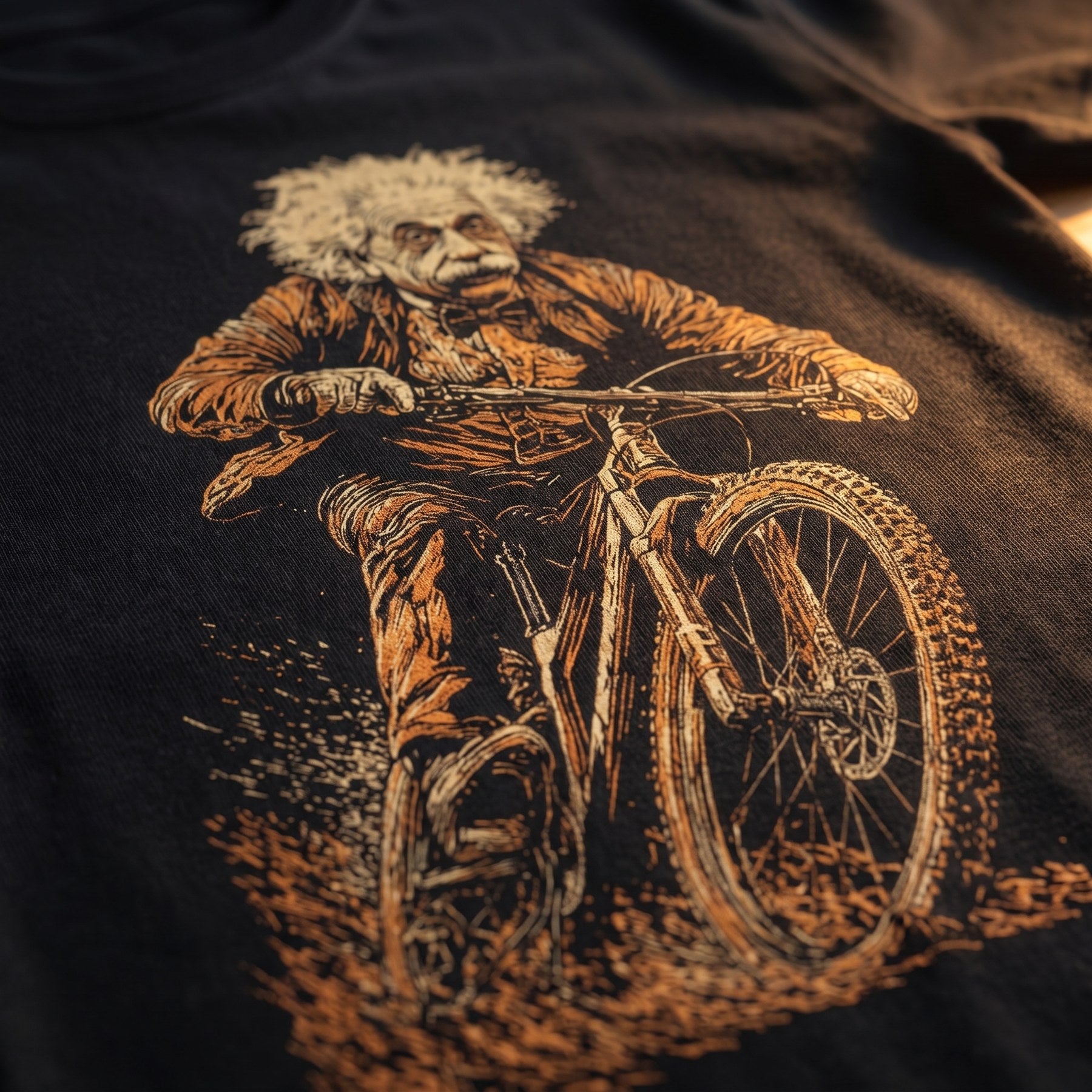 Close-up of the Einstein cycling design on a Velotees tee