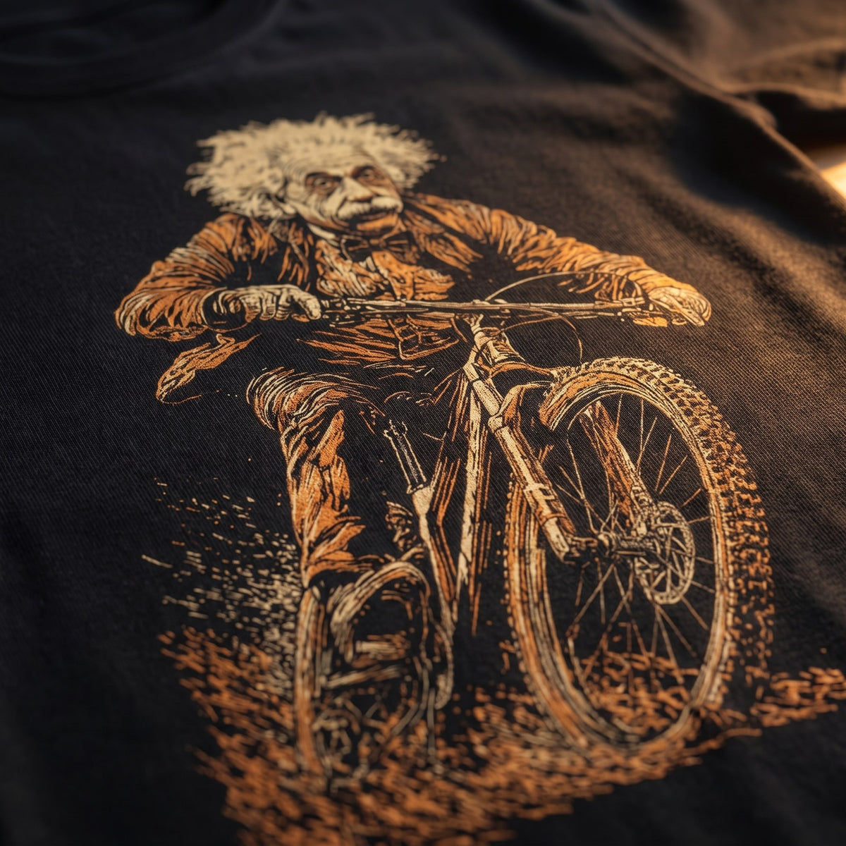 Close-up of the Einstein cycling design on a Velotees tee